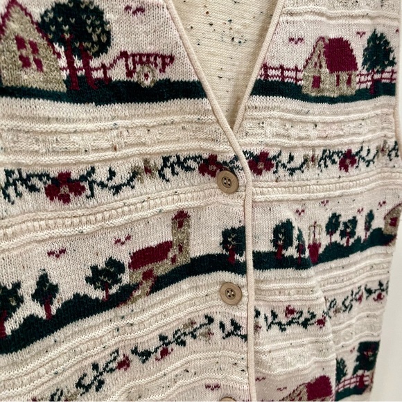 Vintage Speckled Floral Cottage House Tree Print Button Front Sweater Vest Cream - Picture 6 of 6